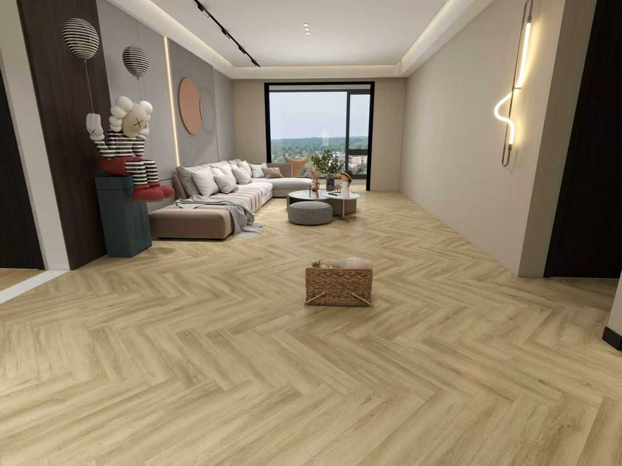 7.5mm Coastal Oak SPC Hybrid Herringbone Flooring – 0.915m² per Box